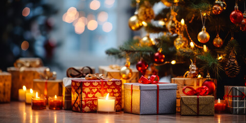 Fototapeta na wymiar Magical Christmas Gifts Arranged Under the Warm Glow of Tree Fairy Lights