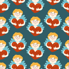 Amur baby with heart, love bow and arrow vector seamless pattern. Funny cupid, little angel Valentine's Day Romantic texture background