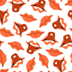 Pink open lips, teeth and tongue in mouth red hearts vector seamless pattern. Love kiss Valentines Day Romantic texture background