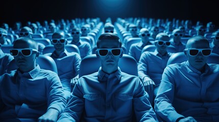 people sit in the cinema hall wearing glasses. clothes, glasses and seats are blue. front view