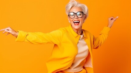 Happy senior woman in colorful yellow outfit, cool dancing laughing and having fun in fashion studio
