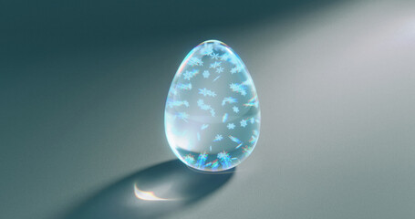 Crystal of snow floating in the storm glass. Snow flakes glittering by bright light. Winter interior object. 3D rendering.