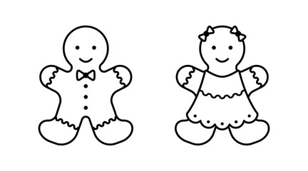 Fototapeta premium Gingerbread man icon. Cheerful smiling female and male character cookies for christmas and holiday dessert baking vector decoration