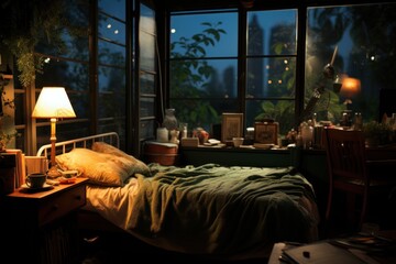 bedroom at night,view of the city at night from the window
