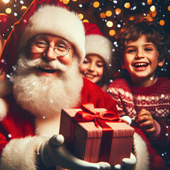 Fototapeta na wymiar fantasy illustration of merry Christmas background with Santa Claus, snowman and Christmas tree