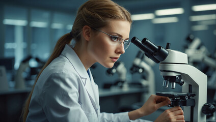 Portrait of a girl laboratory assistant, microscope