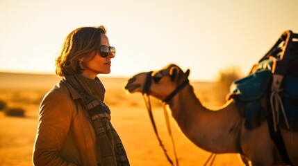 Tourist woman posing in front of a camel in the desert