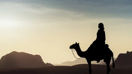 Foto op Plexiglas Tourist woman riding a camel in the desert © Mustafa