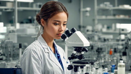 Portrait of a girl laboratory assistant, microscope