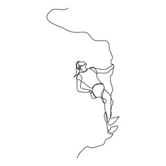 Continuous single line sketch drawing of woman climbing a cliff mountain. One line extreme dangerous sport activity vector illustration