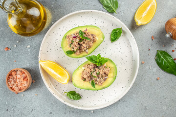 avocado tuna, Healthy fats, clean eating for weight loss. top view. place for text