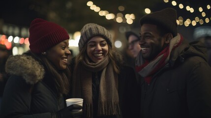A group of friends having fun together on a lighted street one evening