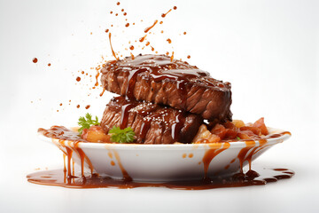 grilled steak in splash of demiglas sauce In a white ceramic dish