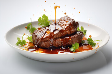 grilled steak in splash of demiglas sauce In a white ceramic dish
