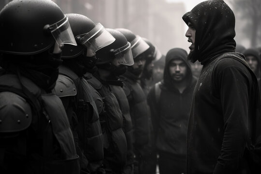 Angry protestors protesting in front of police force. Hooded man confronting police in the middle of the social protest.