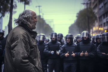 Elderly homeless man getting support from police guards during public protest. Officers showing thumbs up to civil people.
