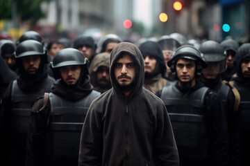 Portrait of hooded man in casual wear standing in front of crowded police officers during protest on city street.