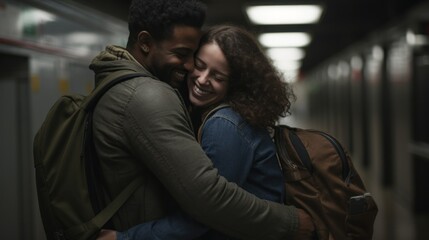 Obraz premium Couple hugging each other at a train stop