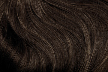 Brown hair close-up as a background. Women's long brown hair. Beautifully styled wavy shiny curls. Hair coloring. Hairdressing procedures, extension. - obrazy, fototapety, plakaty