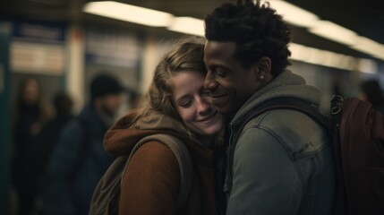 Fototapeta premium Couple hugging each other at a train stop