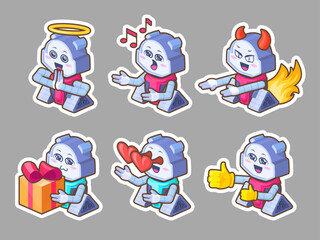 Isometry set of cute robot character emotions. Stickers for printing and applications. Good for animation. Nice vector UI illustration for your business.