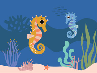 Colorful underwater world with sea horse amongst the seaweed and rocks, vector cartoon illustration
