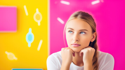 Young blonde girl with her hands under her chin