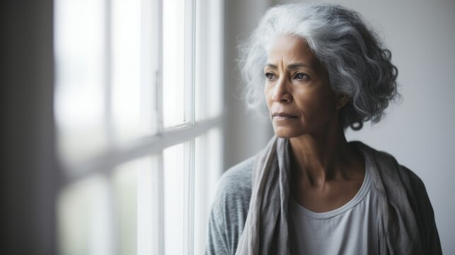 Sick and old woman looks out the window