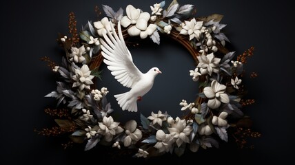 a playful dove perched on a New Year's wreath, its intelligent eyes glinting with mischief, as it adds a touch of cleverness and charm to the festive atmosphere of 2024.