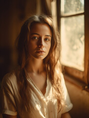 Young woman with long hair standing in front of a window.