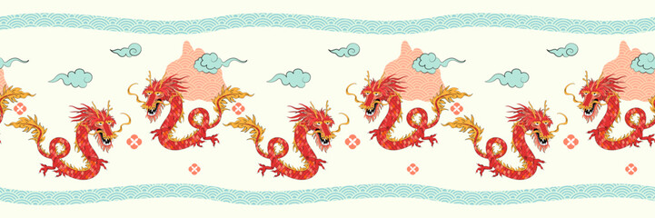 Cute dragon seamless horizontal border pattern design with beautiful scene background swirl clouds, mountain, and wavy sea lines. Chinese decorative elements. Chinese new year 2024