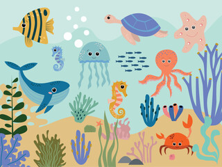 Fototapeta na wymiar Colorful underwater world with whales and starfish swimming with an octopus amongst the seaweed and rocks, vector cartoon illustration