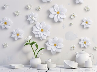 Panorama of white geometric flower leaves on wall texture background banner tiles in 3D
