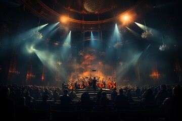 symphonic orchestra on stage, people at the concert - obrazy, fototapety, plakaty