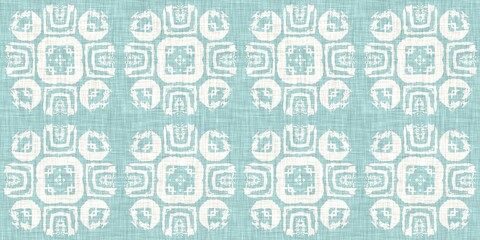 Aqua teal blue white vibrant watercolor batik azulejos tile border banner background. Seamless coastal blur linen effect geometric mosaic effect.Boho Patchwork nautical masculine summer ribbon trim. 