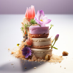 Fine dessert decorated with eatable flowers and served on a plate