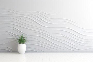 Wavy wall in a room with a flower shaped vase, in the style of monochromatic depth, showcasing a pristine white minimalistic
