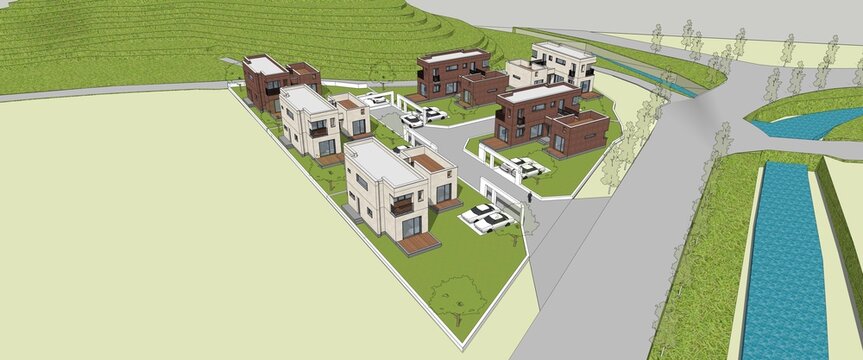3d render of a town house with a map, 3d rendering of top viiew of a modern town house.