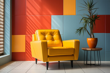 yellow armchair in front of a colorful wall. 3d rendering. ia generative