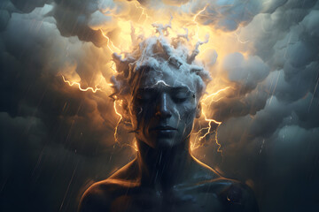 Head of a person surrounded by dark clouds and thunder depicting emotional distress, stress, or bodily pain - obrazy, fototapety, plakaty