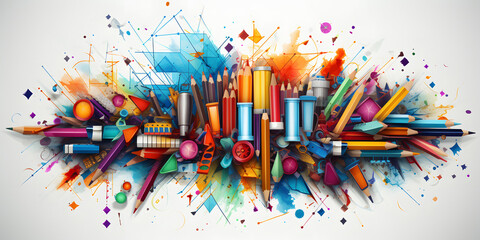 Back to school background with colorful crayons and pencils. Vector illustration. ia generated - obrazy, fototapety, plakaty