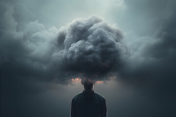 Dark cloud hovering over a person depicting sadness, loneliness, depression or trauma - obrazy, fototapety, plakaty