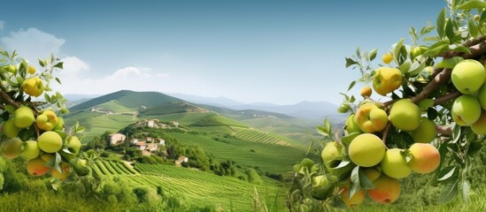 On the beautiful isolated Italian farm surrounded by a breathtaking background of green hills the farmers grow a variety of organic fruits in rich natural soil to create healthy and nutriti - obrazy, fototapety, plakaty