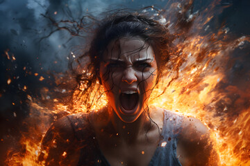 Woman screaming in anger surrounded by flames, depicting the feeling of anger - obrazy, fototapety, plakaty