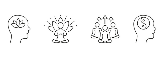 Yoga And Health Line Icon Set. Person Meditate In Lotus Position Linear Pictogram. Wellness And Calm Mind Outline Sign. Yin Yang Symbol, Zen Pose. Editable Stroke. Isolated Vector Illustration