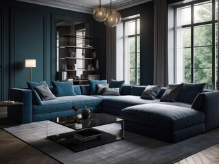 Living room with a blue couch and coffee table.