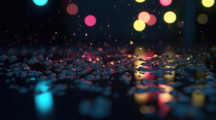 Obraz premium Water droplets on a dark floor with colorful lights.