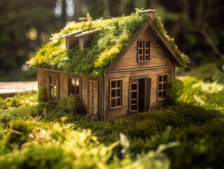 Fototapeta na wymiar Miniature moss covered house in the forest.