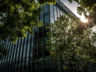 Sun shines through a glass office building.