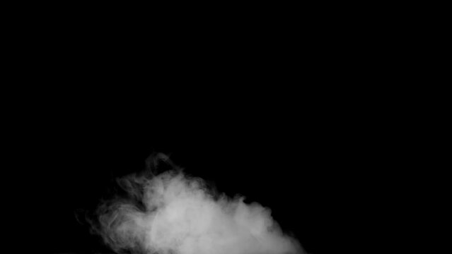 Abstract white smoke animation on a black background. Smoke, steam, explosion, fire, puff, steady vapors. Realistic smoke cloud from up and button with floating fog. Best for using in composition.